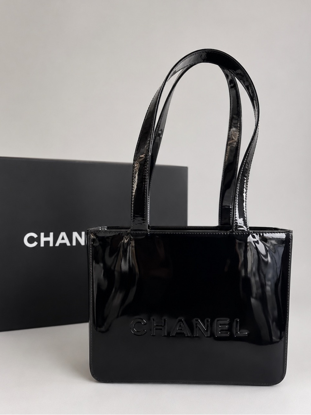 Chanel Logo Patent Leather Tote Bag